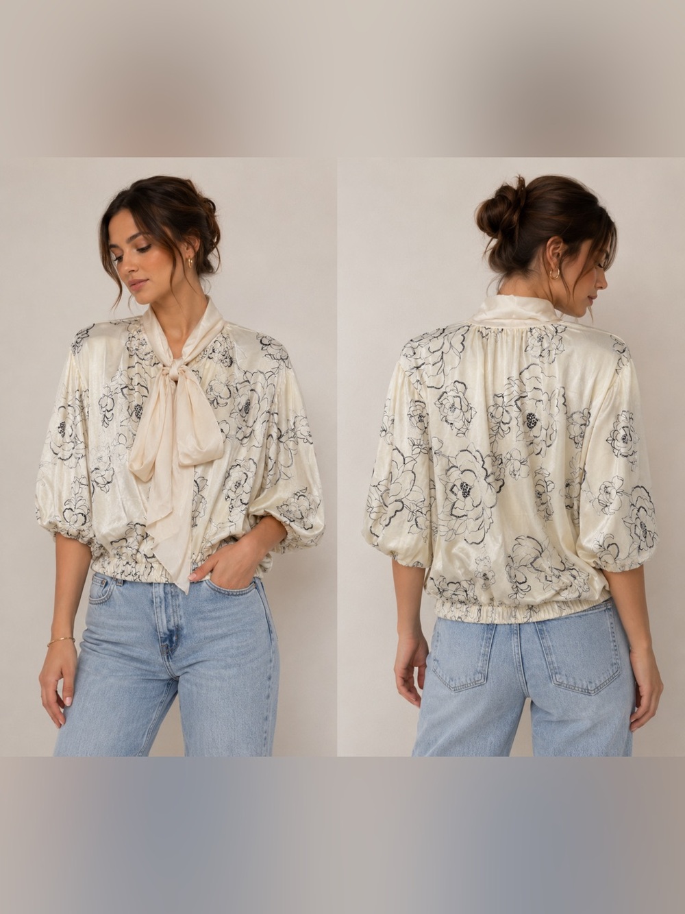 Ing Cream Floral Tie-Bow Puff Sleeve Blouse